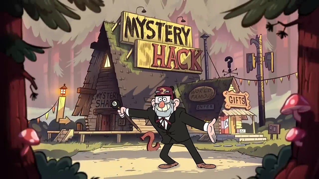 Stan welcoming visitors in front of the Mystery Shack, from the Gravity Falls opening